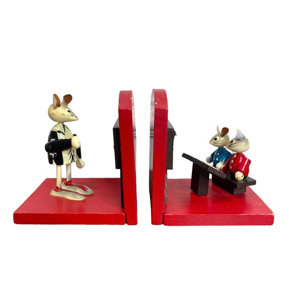 Wooden School Teacher Mice Bookends Vintage V.G. Japan Math Students Kitschy - Picture 2 of 16